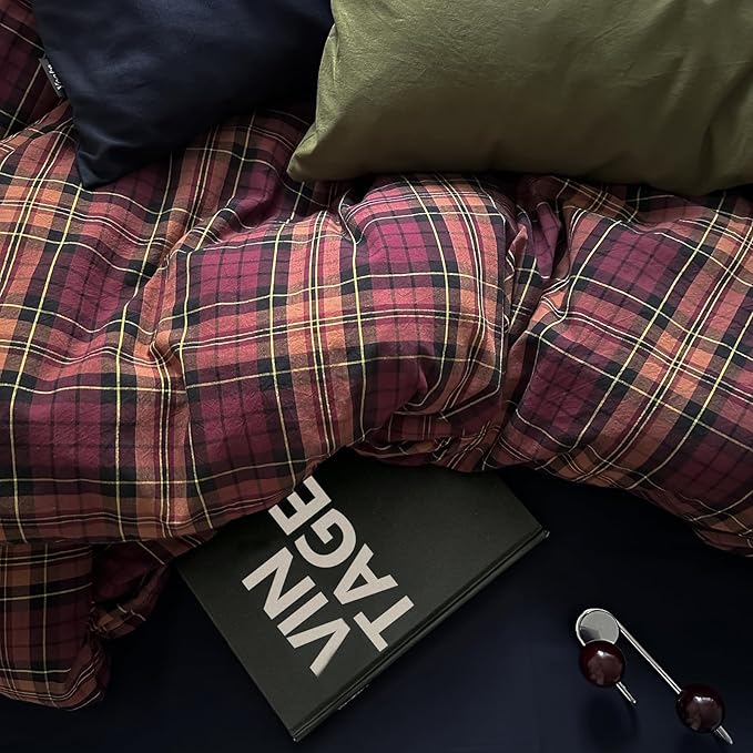 mixinni Vintage Burgundy Buffalo Plaid Comforter Cover Set Twin Size - 3 Piece Mid-Century Modern Washed Cotton Bedding, Soft Breathable Grid Duvet Cover with Matching Pillowcases for All-Season