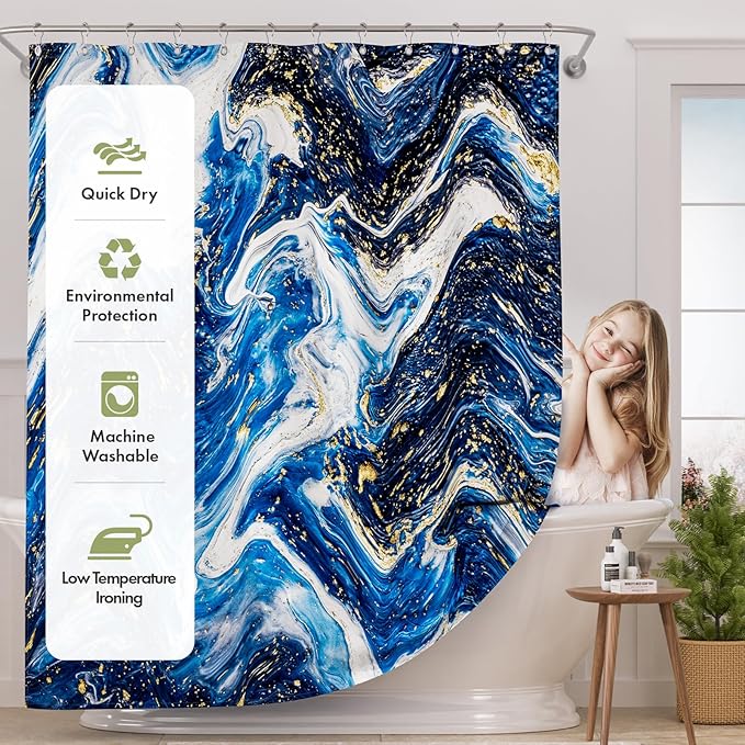 AmazerBath Shower Curtain Blue, Marble Fall Fabric Shower Curtain Sets with 12 Shower Curtain Hooks, Luxury Quality Home Hotel Washable Farmhouse Cloth Shower Curtains for Bathroom Decor, 72x72 Inches