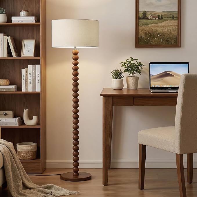 Buruis 61" Beaded Wood Floor Lamp with 17.2" Large Linen Shade, Retro Mid-Century Accent Walnut Finish Standing Lamp for Living Room, Bedroom, Office, Corner, UL Listed, Bulb Not Included, Cream