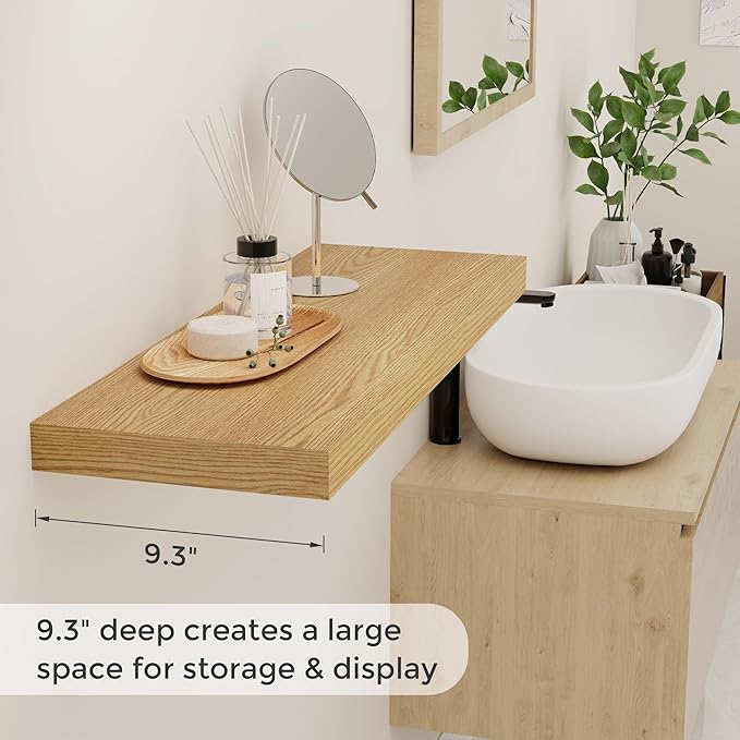 Fun Memories 32" W x 9.3" D Floating Shelves, Rustic Wood Deep Shelves for Bedroom, Kitchen, Living Room, Long Floating Shelf for Wall, Storage Display Wall Shelf for Books Decor, Oak