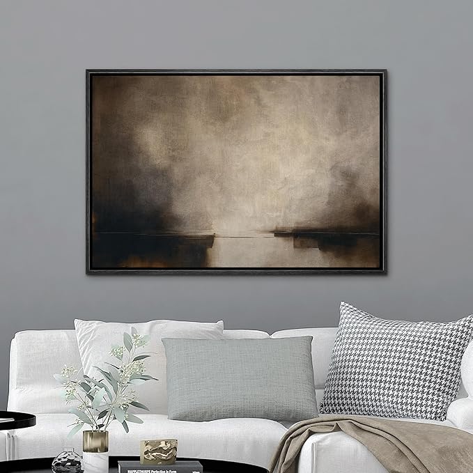 MUDECOR Framed Canvas Print Wall Art Misty Horizon Neutral Abstract Minimalist Atmospheric Illustrations Fine Art Decorative Zen Multicolor Country/Farmhouse Retro for Bedroom - 16"x24" BLACK