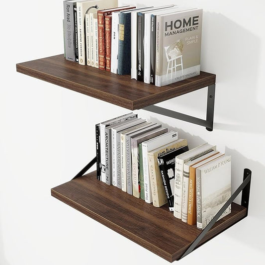 Deep Wall Shelves 16"W x 12"D Engineered Wood Floating Shelves for Wall, Sturdy Metal Bracket Bookshelves Home Decor Storage for Living Room Bedroom Bathroom Kitchen, Set of 2, Walnut Finish