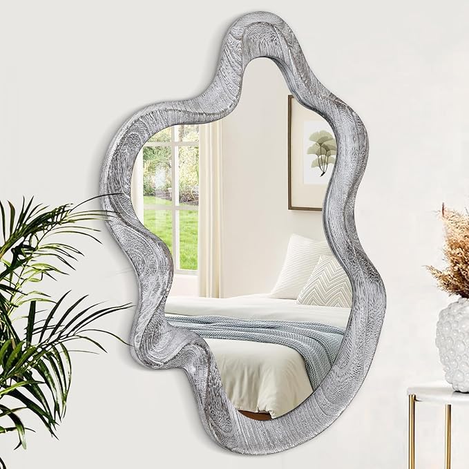 Irregular Wooden Framed Wall Mirror Modern Asymmetrical Mirror Rustic Black Cloud Hanging Mirror Artistic Wavy Mirror Decor Bathroom Vanity Bedroom Living Room Entryway Hallway Large 21.6"x15"