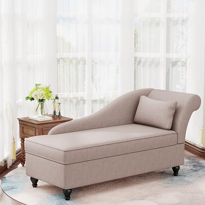 Indoor Storage Chaise Lounge Upholstered Fabric Lounge Chair Living Room Bedroom Corner Small Chaise Sofa Recliner with Wood Legs (Right Arm) Tan
