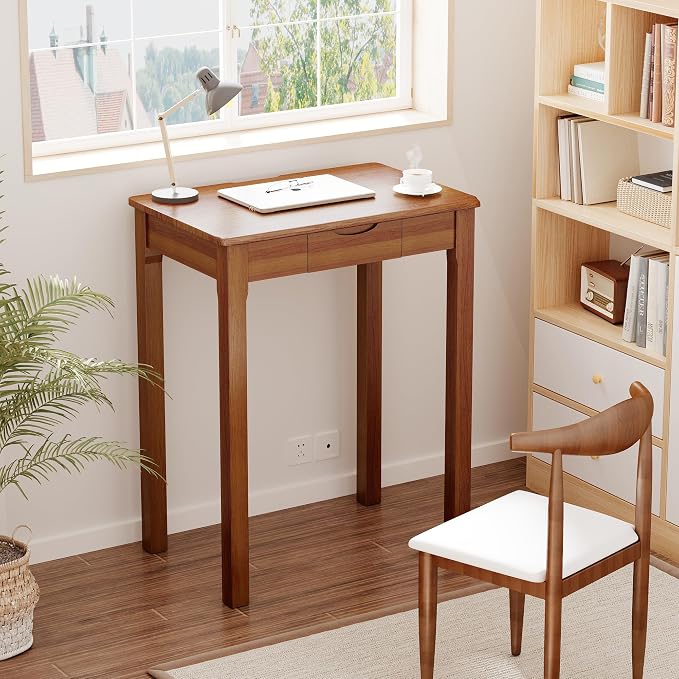 100% Solid Wood Desk with Drawers 24 x 16 Inch Mid Century Modern Desk Vintage Small Writing Wooden Desks for Small Spaces Bedroom, Living Room, Office