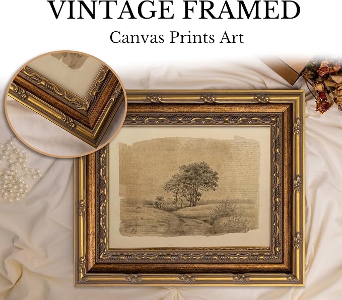 Vintage Gold Framed Sepia Country Landscape Sketch Wall Art, Rustic Tree Grove Canvas Prints, Antique Rural Path Drawing Poster Artwork for Modern Farmhouse Living Room Office Wall Decor，12x16in