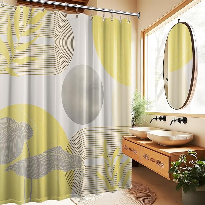 Mustard Yellow and Grey Shower Curtain Light Yellow and Gray White Shower Curtains for Bathroom Decor Abstract MCM Bath Curtain Set, Waterproof Fabric with Hooks 70 x 72 Inch