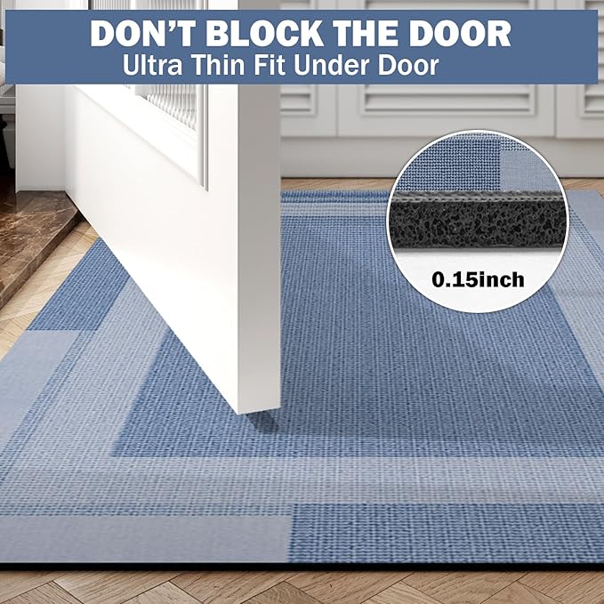 Non Slip Long Bath Mat Bathroom Runner, Rubber Backing Ultra Thin Bathroom Rugs Fit Under Door Quick Dry Super Absorbent Washable Bath Rug Shower Mat for Bathtub Sink Floor, Blue 17"x47"