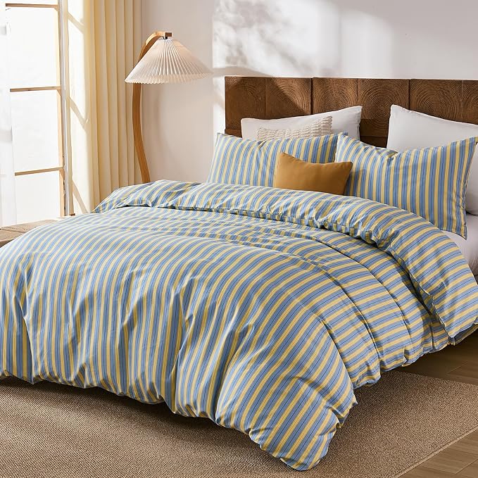 Merryword 100% Cotton Duvet Cover Set King Size, Blue & Yellow Striped Bedding Set with Zipper Closure and 8 Corner Ties, Modern Coastal Style Comforter Cover Set 3 Pieces