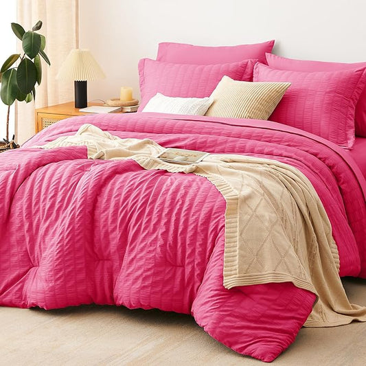CozyLux Full Size Comforter Sets Hot Pink, 7 Pieces Seersucker Textured Luxury Bed in a Bag, All Seasons Soft Bedding Sets with Down Alternative Comforter, Sheets, Pillowcases & Shams, Home Gift