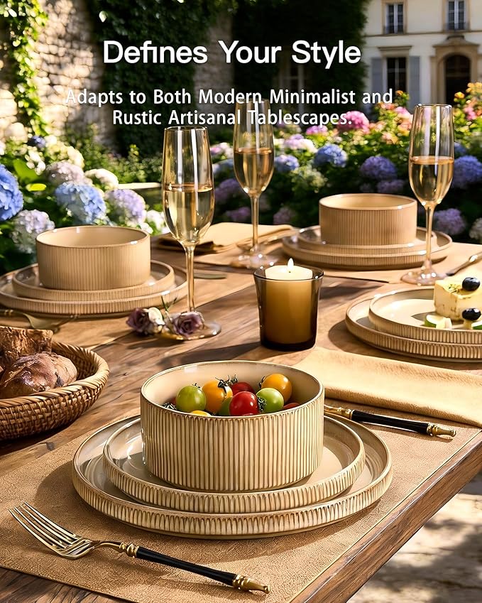 Stoneware Plates and Bowls Dishes Sets Service for 6 (18-Piece), Famiware Premium Handcrafted Reactive Glaze Dinnerware Set with Raised Rim, Scratch Resistant, Microwave Dishwasher Safe, Cream