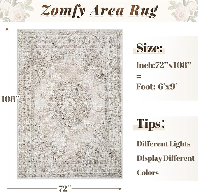 Area Rug 6x9 Vintage Rug: Washable Indoor Medallion Rugs Low Pile Distressed Floor Carpet Retro Accent Rug for Living Room Bedroom Kitchen Dining Table Home Office(Distressed Taupe, 6'x9')