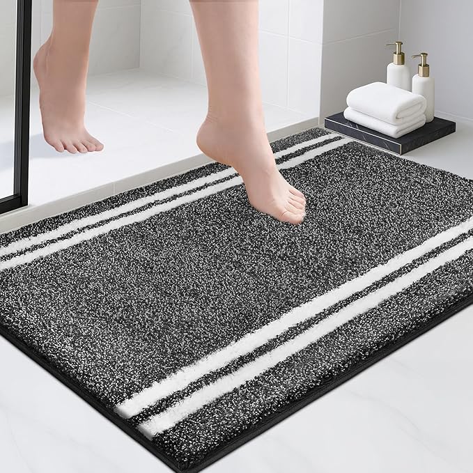 PURRUGS Bathroom Rug Non-Slip Machine Washable 24" x 36", Super Absorbent and Quick Dry Shaggy Microfiber Bath Mat, Extra Soft and Plush Bath Rug for Bathtub, Shower, and Sink, Charcoal
