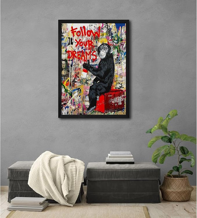 Banksy Canvas Wall Art Monkey Follow Your Dreams Street Graffiti Wall Art Banksy Prints Gorilla Poster Monkey Artwork Graffiti Pictures Painting for Home Living Room Decor 16x24 Inch Black Framed