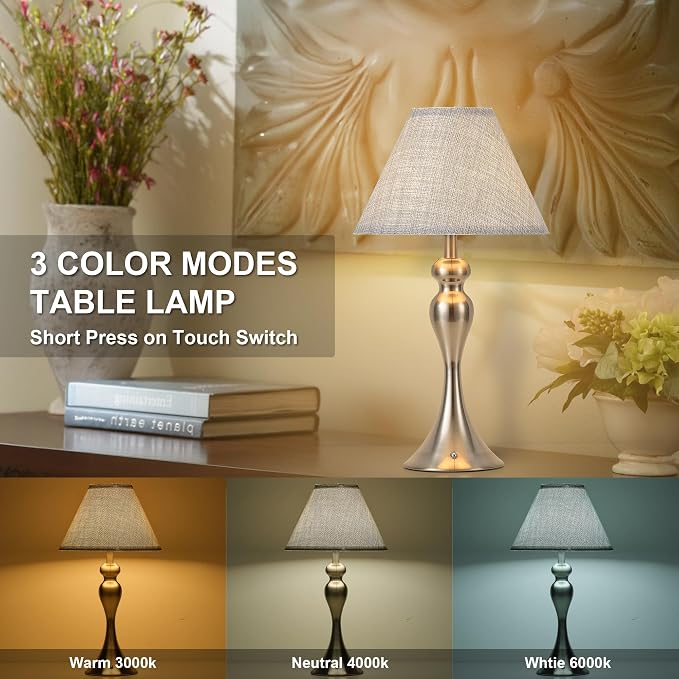 Rechargeable Cordless Table Lamps, Battery Operated Lamp with Fabric Shade for Decor, 3 Color Stepless Dimming LED Table Light, Nightstand Lamp for Nursery, Bedroom, Living Room, Home Office (Nickel)