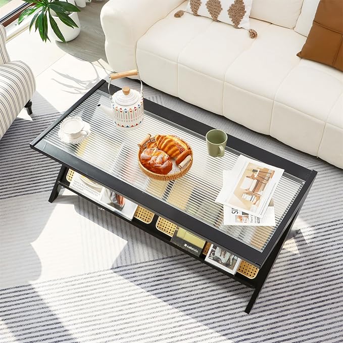 Bamboo Coffee Table, Accent Rattan Coffee Table with Glass Top, Mid-Century Wooden Center Tables, Modern Sofa Side Tea Tables with Storage for Living Room, Black