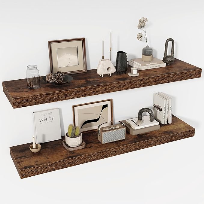 48 Inch Floating Shelves, 12" Deep Floating Shelf Wall Mounted, 48" Wall Shelves, Rustic Deep Bookshelf, Extra Deeper & Thicker Display Shelves for Bedroom, Living Room, Brown, Set of 2