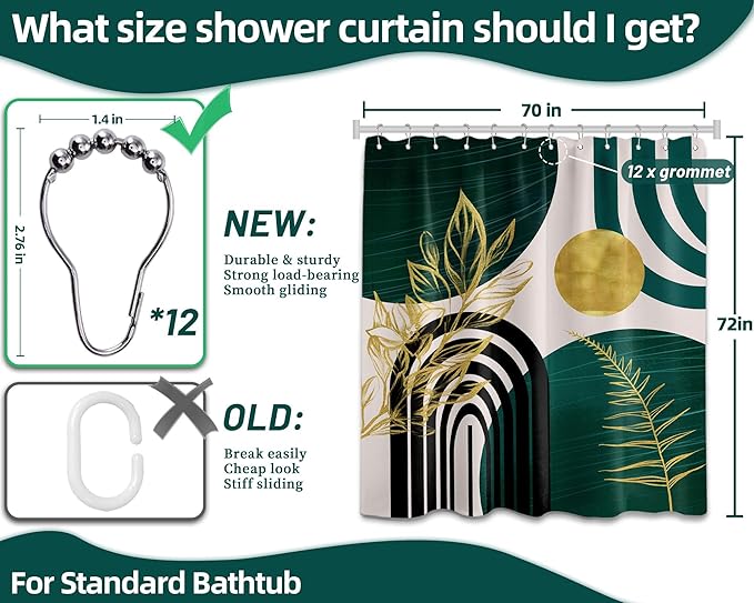 Dark Green Shower Curtain Boho Mid Century Modern Emerald Hunter Green and Gold Shower Curtains for Bathroom Decor, Waterproof Cloth Fabric with Hooks, 70" W x 72" L