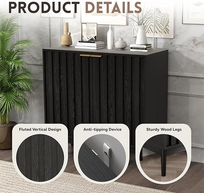 Fluted Cabinet with Storage, Buffet Cabinet Sideboard with Door, Kitchen Buffet Storage Accent Cabinets with Adjustable Shelves for Living Room, Entry, Hallway, Black