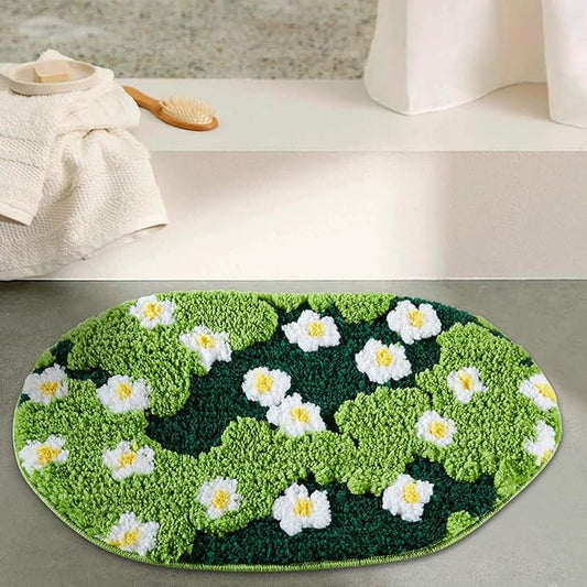 Cute Grass Rug, Green Floral Bath Mat Aesthetic Bathroom Rug 24''W x 36''L Non Slip Washable, Modern Chic Boho Funky Throw Area Rugs for Bedroom Kitchen Bathroom