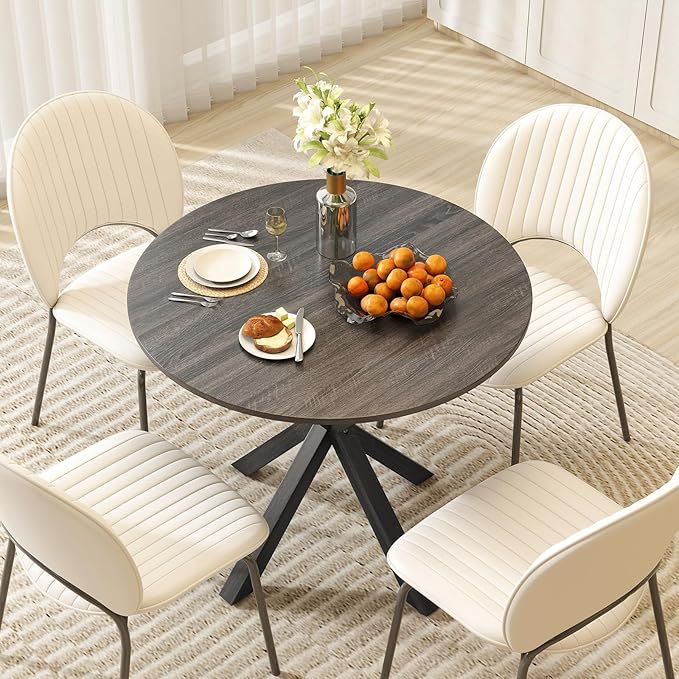 Moccha 36" Round Dining Table for 4 - Rubber Wood Kitchen Table with Intersecting Trestle Legs, Vintage Bar Table, Farmhouse Dining Room Tables for Dinette, Small Space, Restaurant, Bistro (Black)