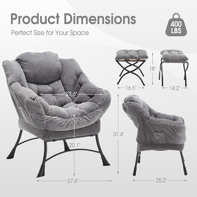 Lazy Chair with Ottoman, Comfy Lounge Chair for Reading, Relaxing, and Napping, Perfect for Living Room, Bedroom or Office, Grey