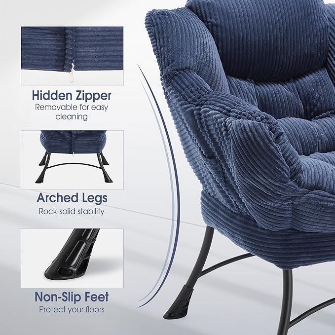 Lazy Chair with Ottoman, Comfy Lounge Chair for Reading, Relaxing, and Napping, Perfect for Living Room, Bedroom, or Office, Navy