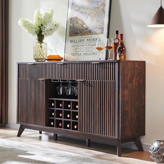 OKD 60" Fluted Wine Bar Cabinet, Modern Wood Coffee Bar Cabinet - 3 Storage Drawers, 2 Side Cabinets with Adjustable Shelf, Racks for Wine & Glass/Mug, Sideboard for Kitchen, Dining Room, Walnut