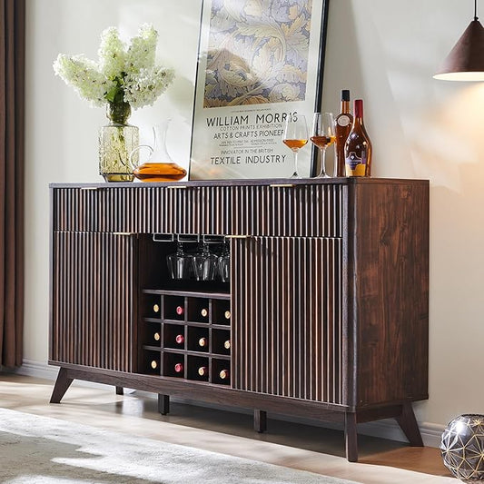 OKD 60" Fluted Wine Bar Cabinet, Modern Wood Coffee Bar Cabinet - 3 Storage Drawers, 2 Side Cabinets with Adjustable Shelf, Racks for Wine & Glass/Mug, Sideboard for Kitchen, Dining Room, Walnut