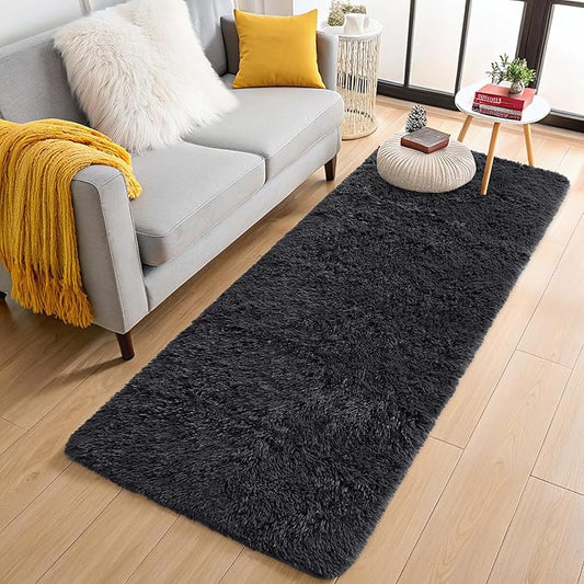 OLANLY 3x8 Machine Washable Runner Rugs for Hallway, Soft Fluffy Shaggy Bedside Rugs for Bedroom, Living Room, Indoor Floor Carpet for Kids Girls and Boys, Nursery Rooms, Home Decor Aesthetic, Black