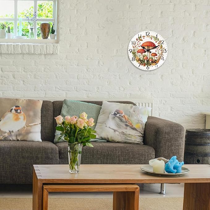 peacoblue Wall Clocks Battery Operated 12 Inch Mushroom Forest Glass Round Wall Clock Non Ticking for Kitchen Living Room Dining Room Bedroom and Bathroom Decor Accessories (Battery not Included)