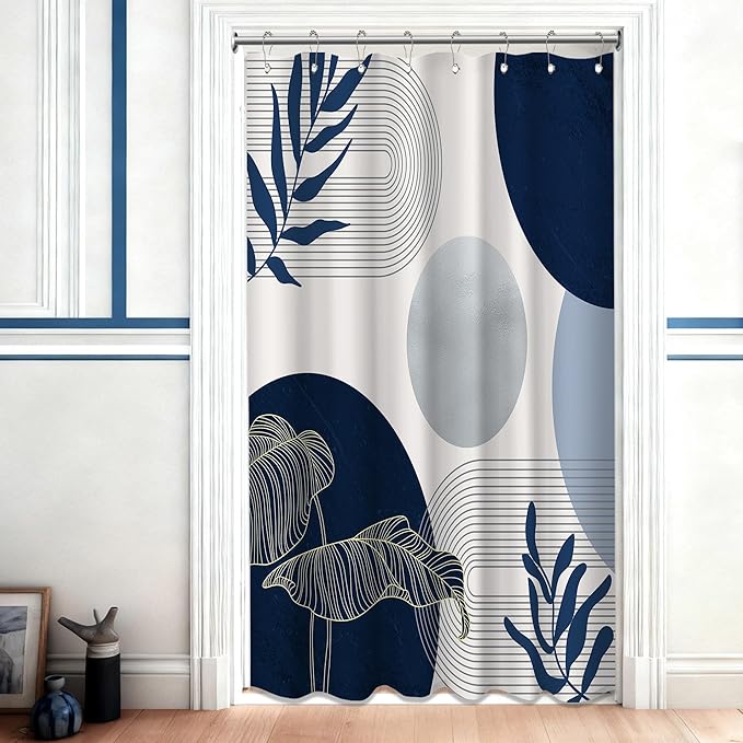Navy Blue and White Shower Curtain Mid Century Modern Dark Blue Boho Shower Curtains for Bathroom Decor MCM Mens Cool Bath Curtain Set, Waterproof Fabric with Hooks 48 x 72 Inch