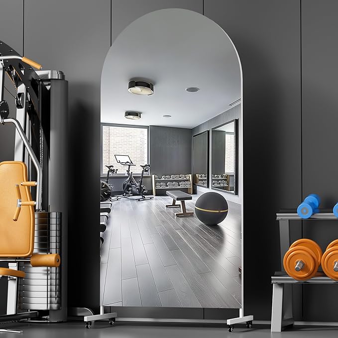 Hasipu 71" x 32" Arched Rolling Home Gym Mirror with Wheels, 360° Swivel Body Mirror with HD Tempered Glass, Large Floor Mirror for Yoga Room, Dance Studio, Bedroom & Home Gym