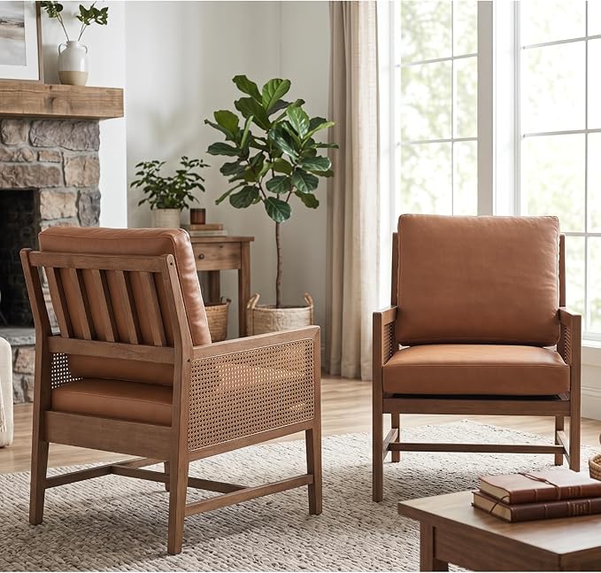 chairus Mid-Century Modern Accent Chairs Set of 2, Comfy Faux Leather Upholstered Armchairs with Cane Armrests & Slat Back, Solid Wood Rattan Reading Chairs for Living Room Bedroom Guest Room