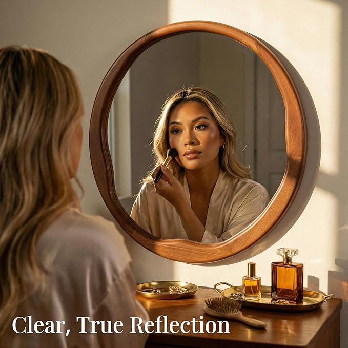 Round Walnut Mirror 24 Inch, Asymmetrical Wavy Inner Edge Wall Mirror for Bathroom Vanity, Bedroom, Solid Wood Irregular Retro Decor