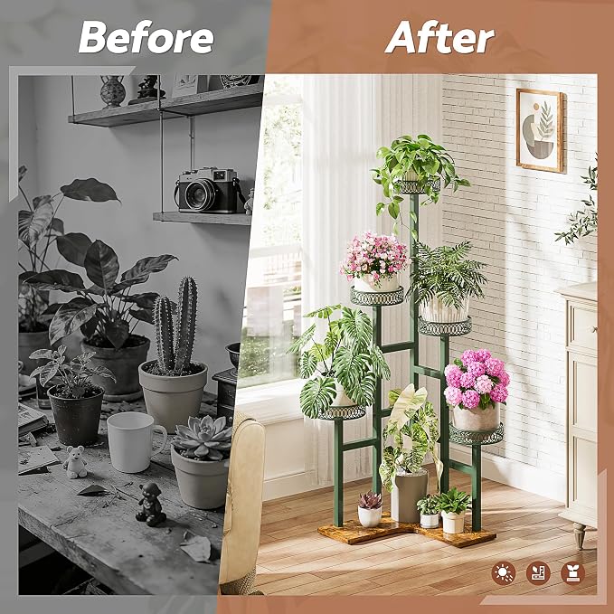 Wood Corner Stand Plants, 5 Tiered Wood Plant Stands Tall Indoor,Heavy Duty Metal Flower Pot Stands for Multiple Plants,Decoration Display Racks for Patio Garden -GreenFlower