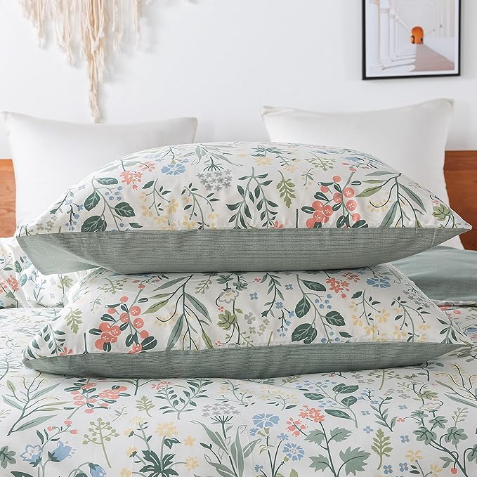 HoneiLife King Size 100% Cotton Floral Breathable Duvet Cover with Zipper Closure & Corner Ties,3pcs Wildflower Comforter Cover Sets- Fragrant Grass