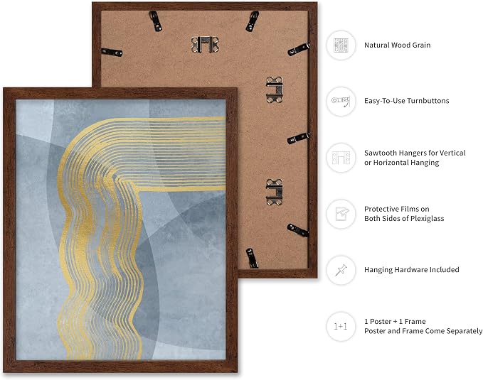Poster Master Golden Lines Poster - Graphical Illustration Print - Abstract Design - Mid Century Modern Artwork - Visual Art - Chic Boho Artwork - Bedroom Decor - 11x14 Brown Framed