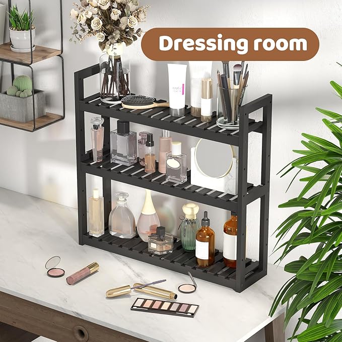 Bathroom Shelf Bamboo Organizer Rack Adjustable 3-Tier Storage Shelf Wall Mounted Storage Rack Over The Toilet Utility Shelves Living Room Kitchen Shelf(Black)