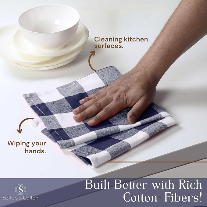 Navy Blue Buffalo Check Kitchen Towels, 4 Pack, 100% Cotton, 16x26 Inches, Soft, Absorbent, Quick Dry, Dish Cloths, Bar & Restaurant Cleaning Towels with Hanging Loop, Navy White