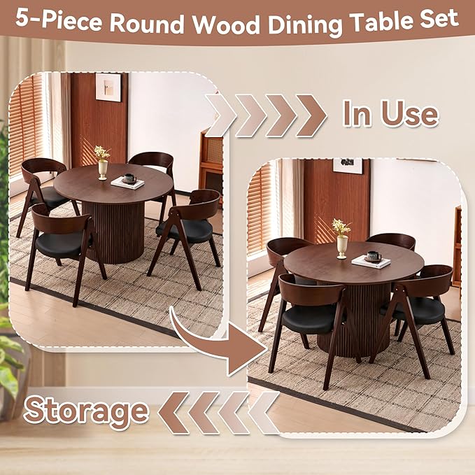 Howtek 47″ Round Dining Table Set for 4-6 People, 5 Piece Modern Kitchen Table with Natural Walnut Wood Grain Finish & 4 PU Leather Upholstered Dining Chairs（Curved Backrest & Solid Wood Legs ）