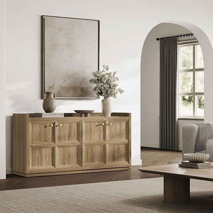 SICOTAS 4-Door Buffet Cabinet, 61.7" Wide Extra Long Sideboard with 2 Separate Bays & Adjustable Shelves, Modern Credenza Storage Cabinet with Gold Handles for Kitchen Living Room, Brown Oak, 1 PCS