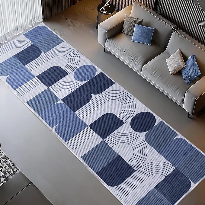 Machine Washable 2.7x10 Runner Rug, Soft Modern Geometric Abstract Blue Rugs for Bedroom Living Room, Non-Shedding Faux Wool Indoor Throw Floor Carpet for Office Entryway Dining Room Decor
