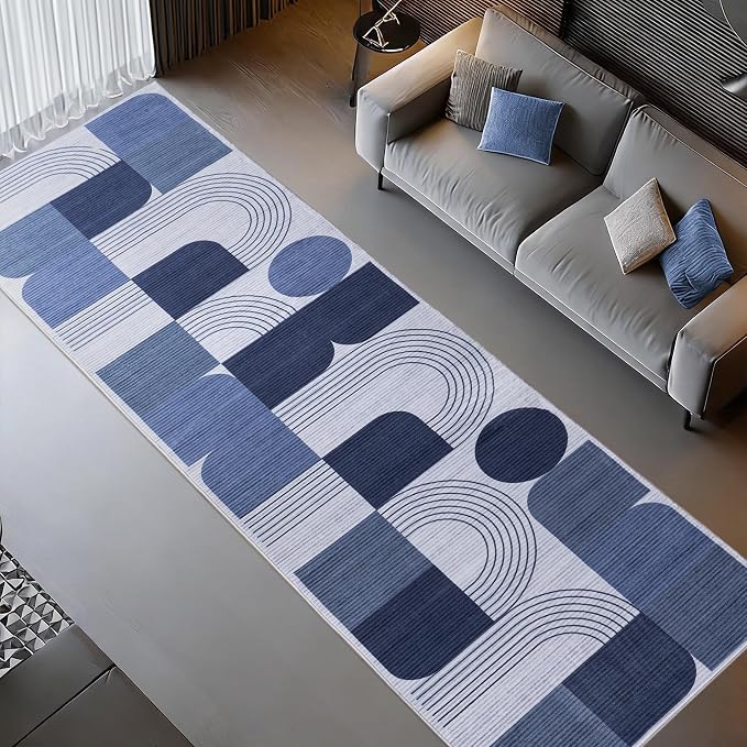 Machine Washable 2.7x8 Runner Rug, Soft Modern Geometric Abstract Blue Rugs for Bedroom Living Room, Non-Shedding Faux Wool Indoor Throw Floor Carpet for Office Entryway Dining Room Decor