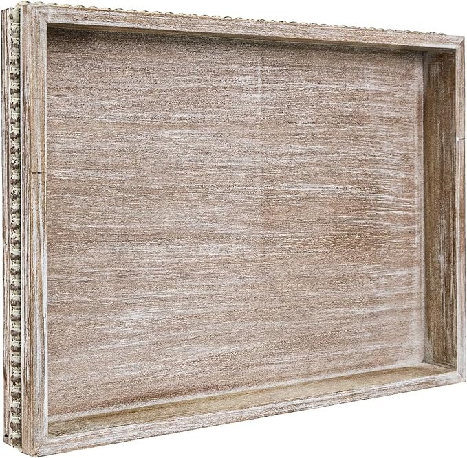 MAONAME Wood Serving Tray, Farmhouse Wooden Tray for Coffee Table, Rustic Rectangle Trays with Beads, Washed White Decorative Trays for Living Room, Kitchen, 15.7" X 11.8" X 1.57"