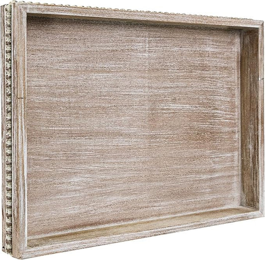 MAONAME Wood Serving Tray, Farmhouse Wooden Tray for Coffee Table, Rustic Rectangle Trays with Beads, Washed White Decorative Trays for Living Room, Kitchen, 15.7" X 11.8" X 1.57"
