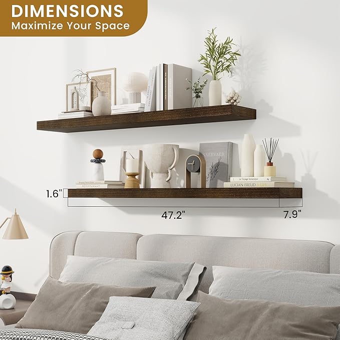 RICHFOCUS Rustic Wooden Floating Shelves for Wall - 48 Inch Wood Shelves Set of 2-7.9 Inch Deep Solid Paulownia Wood Wall Mounted Shelves with Upgraded Metal Brackets for Room Decor, Walnut