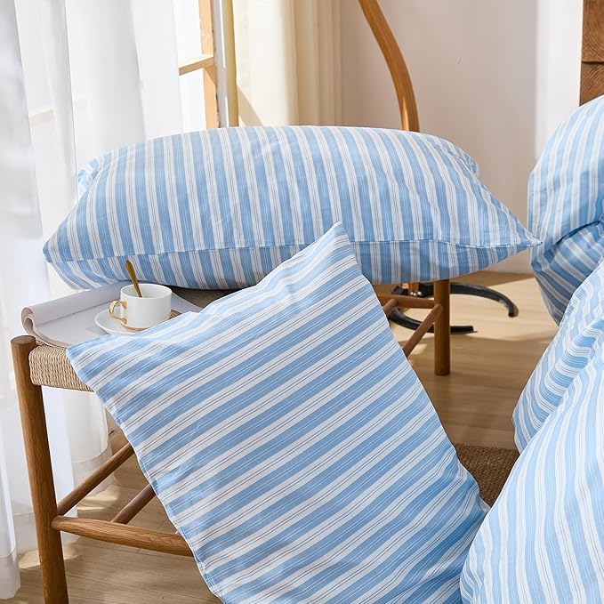 Merryword Blue and White Striped Duvet Cover Set King Size, 100% Cotton Linen Like Textured Bedding with Classic Vertical Stripes, Soft Lightweight Reversible Comforter Cover for All Seasons
