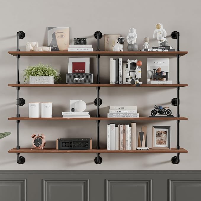HDDFER Floating Book Shelves for Wall 4 Tier 70 inch Bookshelf Industrial Pipe Shelving Shelves Bookcase Industrial Bookshelves Pipe Shelf Wood Wall Shelf for Living Room