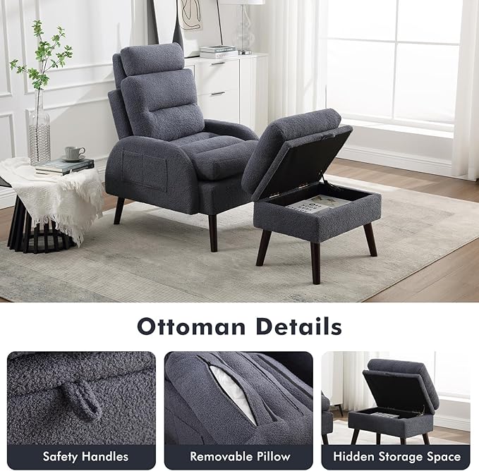 HCHAIRH Accent Chair with Ottoman, Comfy Reading Chair with Ottoman Set, Modern Oversized Velvet Lounge Armchair with Adjustable Backrest for Living Room Bedroom (Teddy Blue Grey)